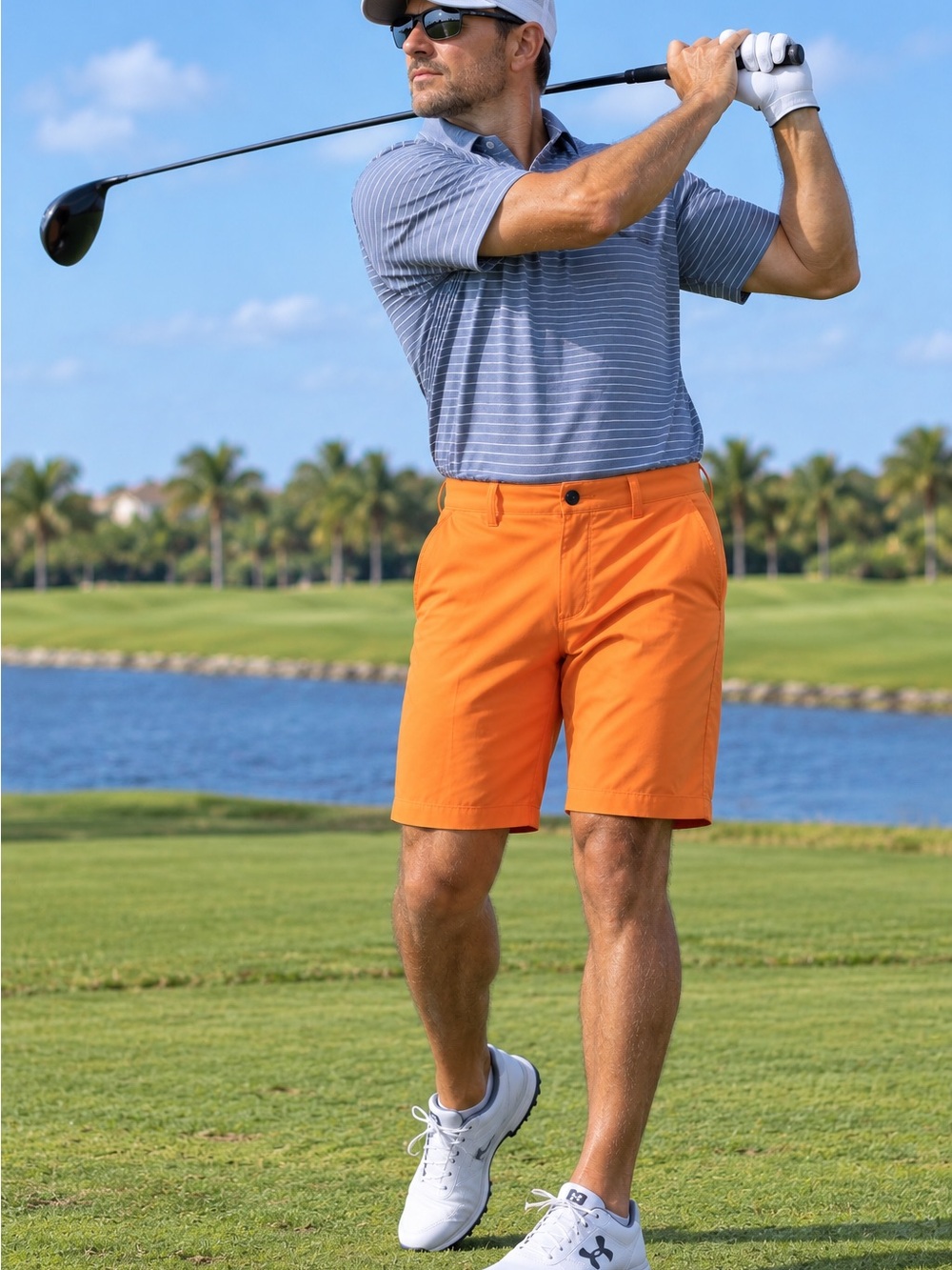 Puma Men's Bright Orange Flat-Front Golf Shorts